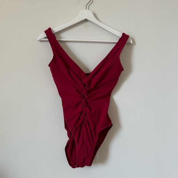 Karla Colletto Banded Lace Up One Piece Swimsuit In Wine Red Size 10 US 6 - Picture 1 of 10